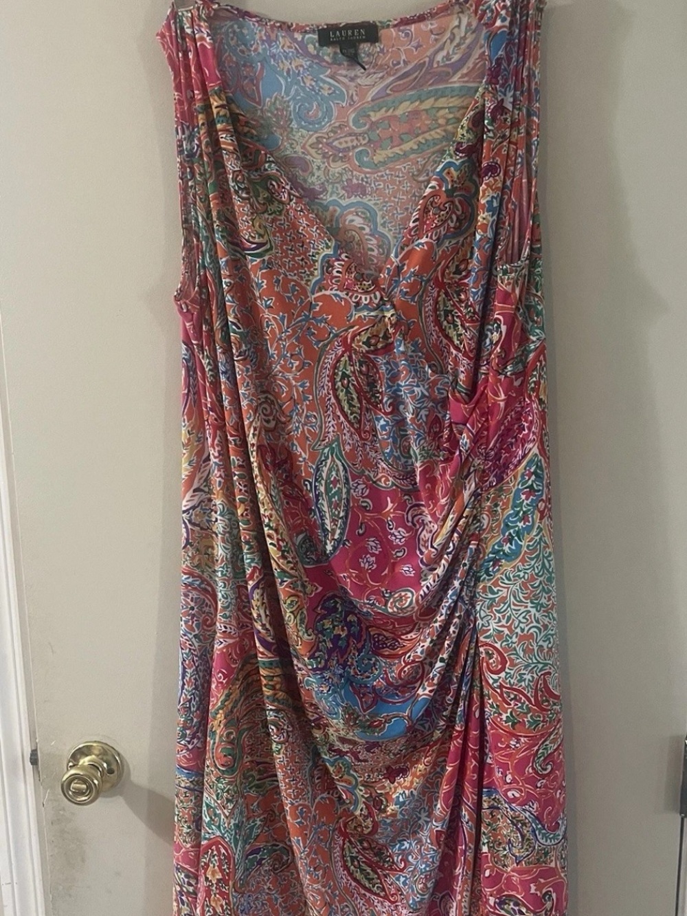 Lauren Ralph Lauren Paisley Faux Wrap Dress 2X Sleeveless Ruched Multicolor